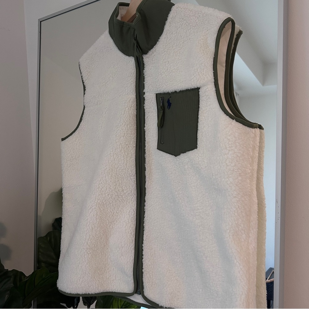 Polo Ralph Lauren Hi-Pile White & Green Fleece Sherpa RipStop Vest Sz: Large
